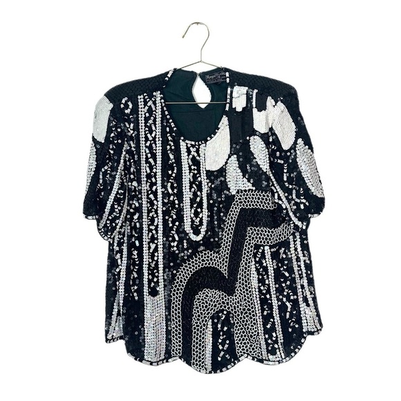 Vintage Royal Feelings Silk Black/White Sequin Blouse Size M - Picture 1 of 6